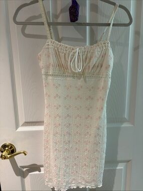 Ivory Mini Slip Dress with Soft Pink Floral Embroidery
